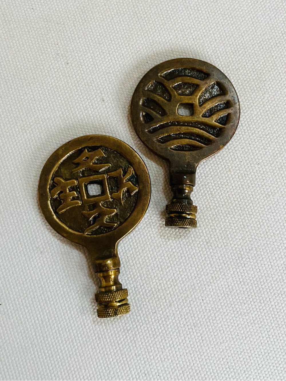Vintage Brass Chinoiserie Lamp Finials Pair Asian Coin & Shou Symbol Set of 2